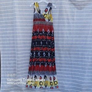 Maxi Dress Size M/L Gathered Empire Boho Sun Tribal Aztec Stretch Comfort Joy NY